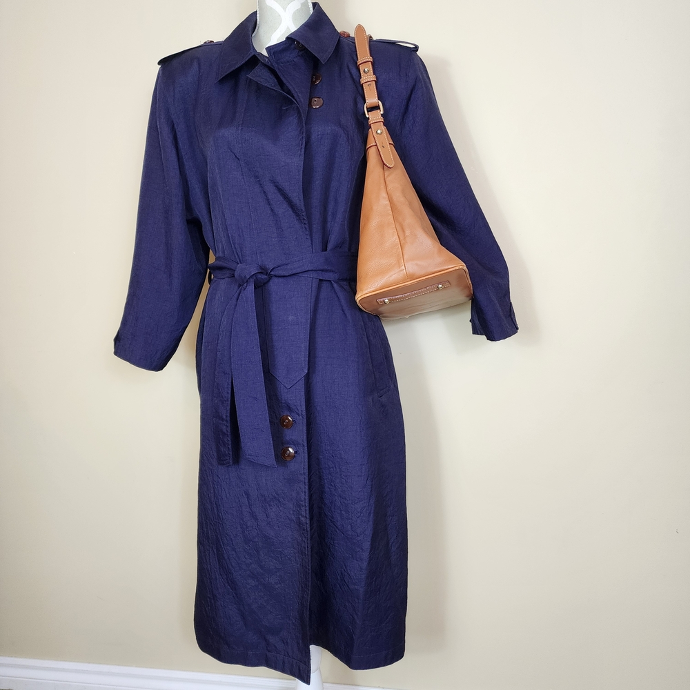 Vintage 80s Parisian Long Belted Trench Coat Navy Blue Size Large Retro